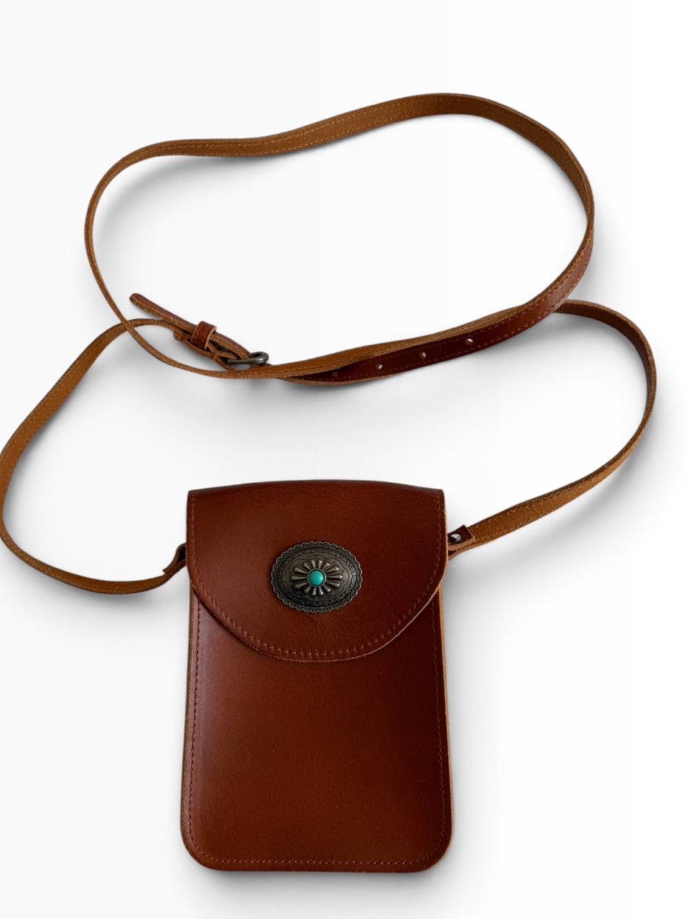 Leather Crossbody Bag with Turquoise Concho - Brown